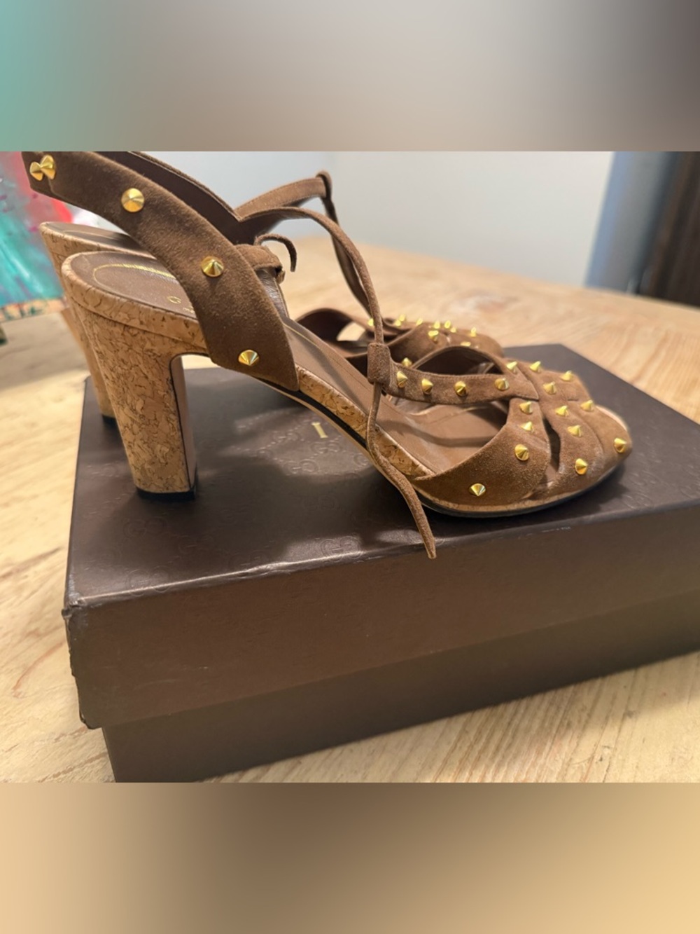 Gucci Brown Suede Studded T-Strap Sandals - Picture 3 of 11